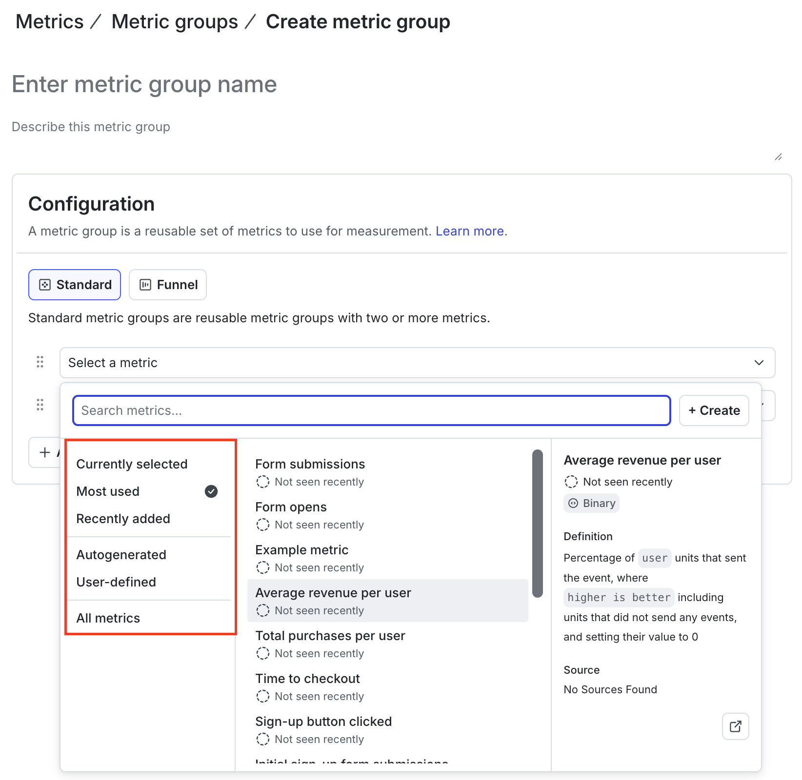 Most used project metrics displayed after clicking "Select a metric" on the Create metric group page.