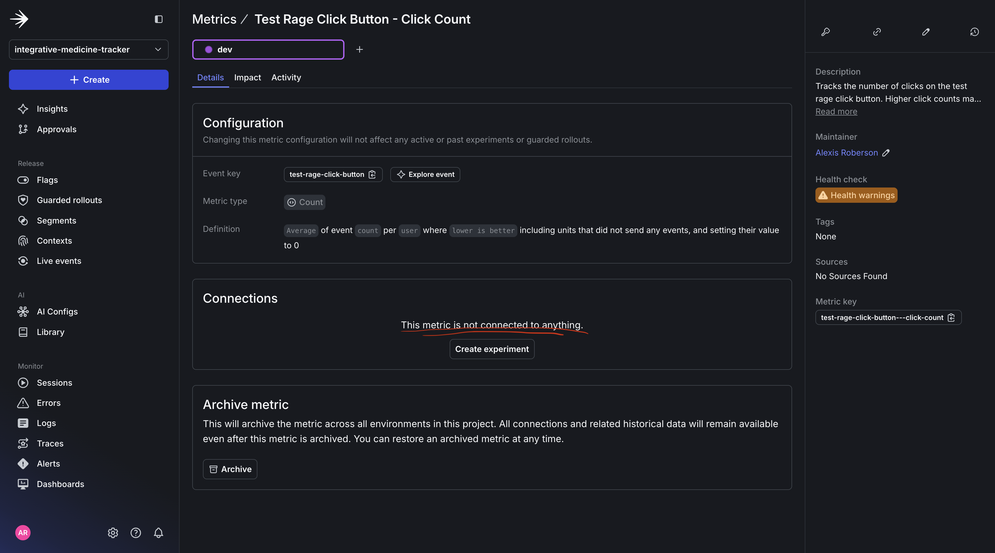 Image of landing page after creating custom metric for Guarded rollout.