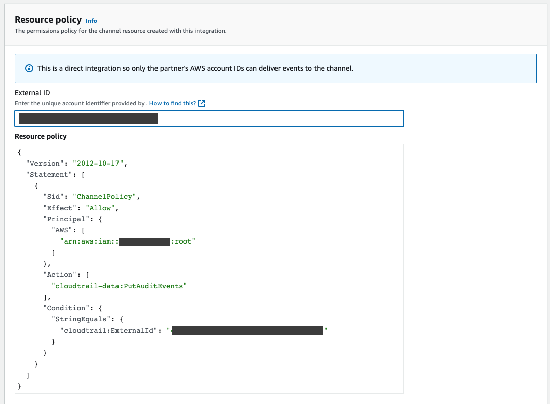 The "CloudTrail Resource Policy" form.