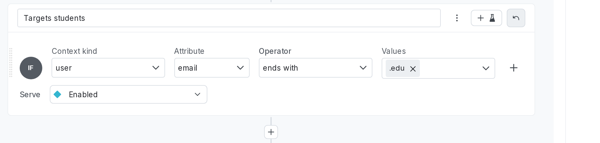 A targeting rule that serves "Available" to all user contexts that contain an "email" attribute with a value that ends in ".edu".