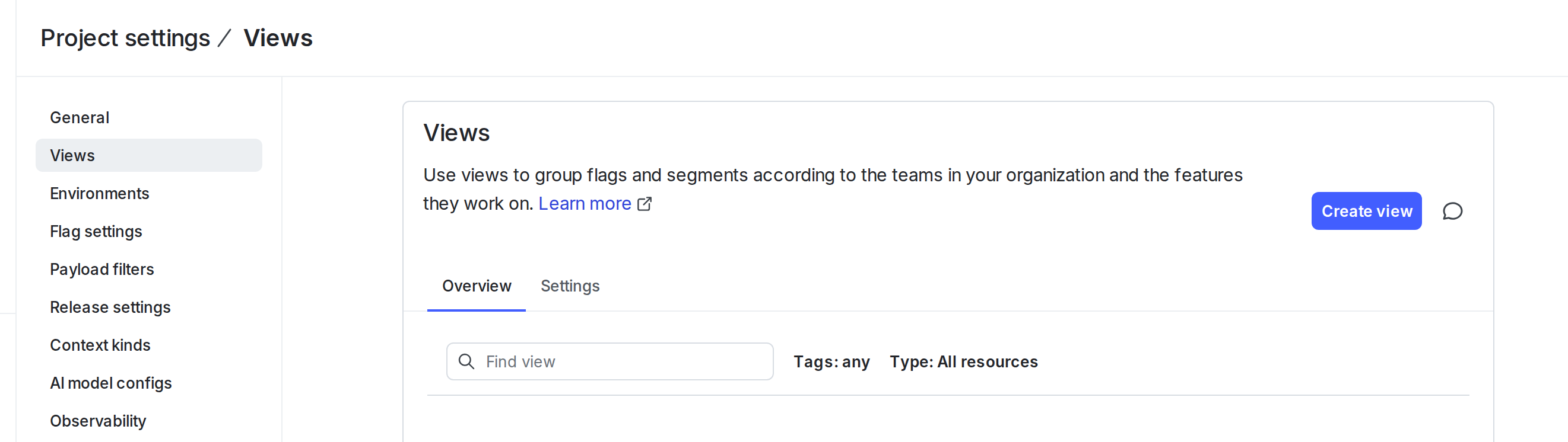 The Views list in project settings.