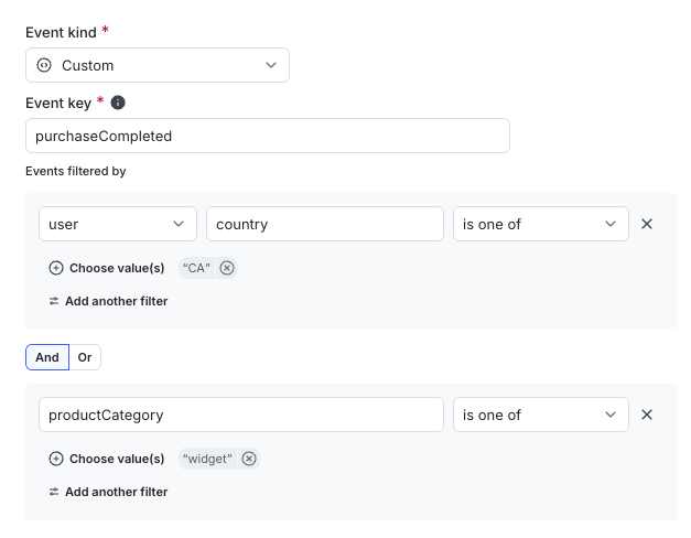 A metric definition that includes only events from contexts of kind user where the country is CA and the productCategory event property equals widget.