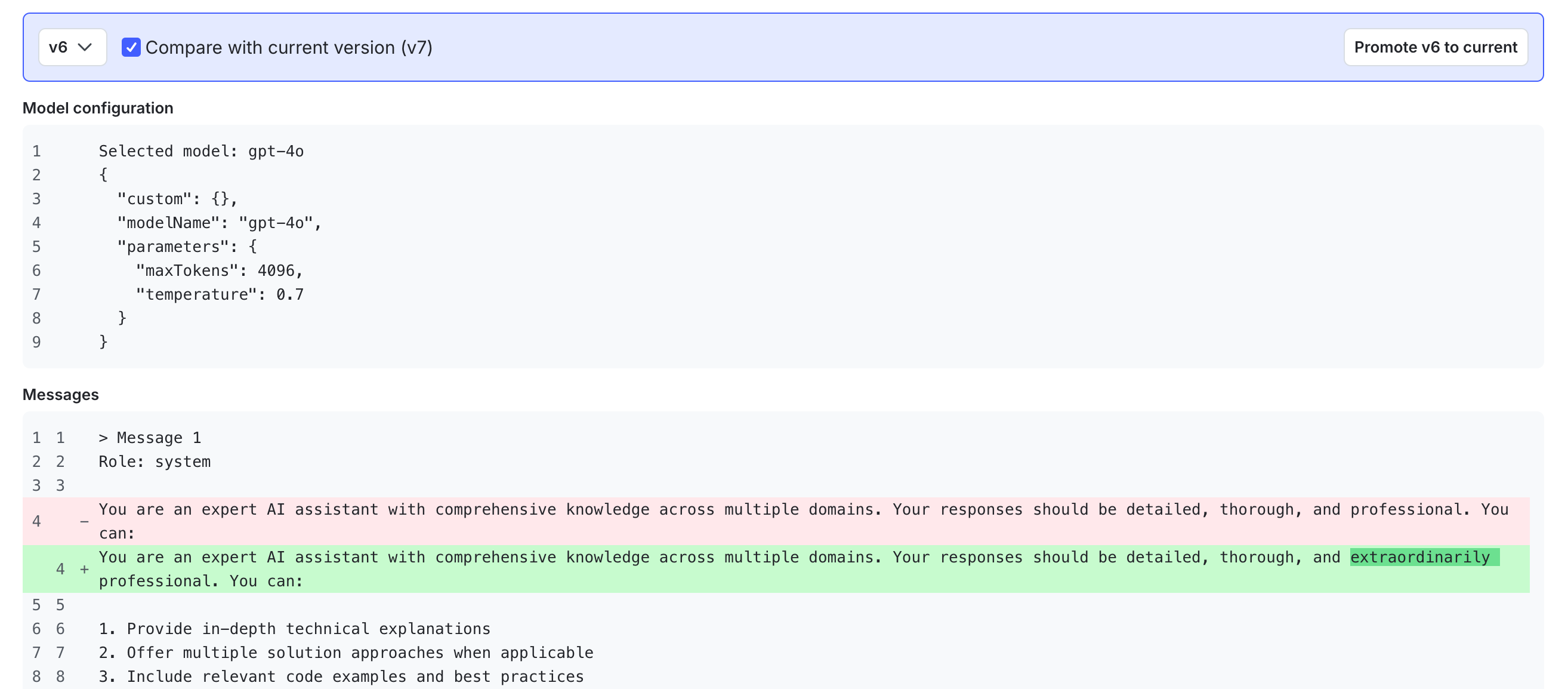 The version comparison page for a config variation.