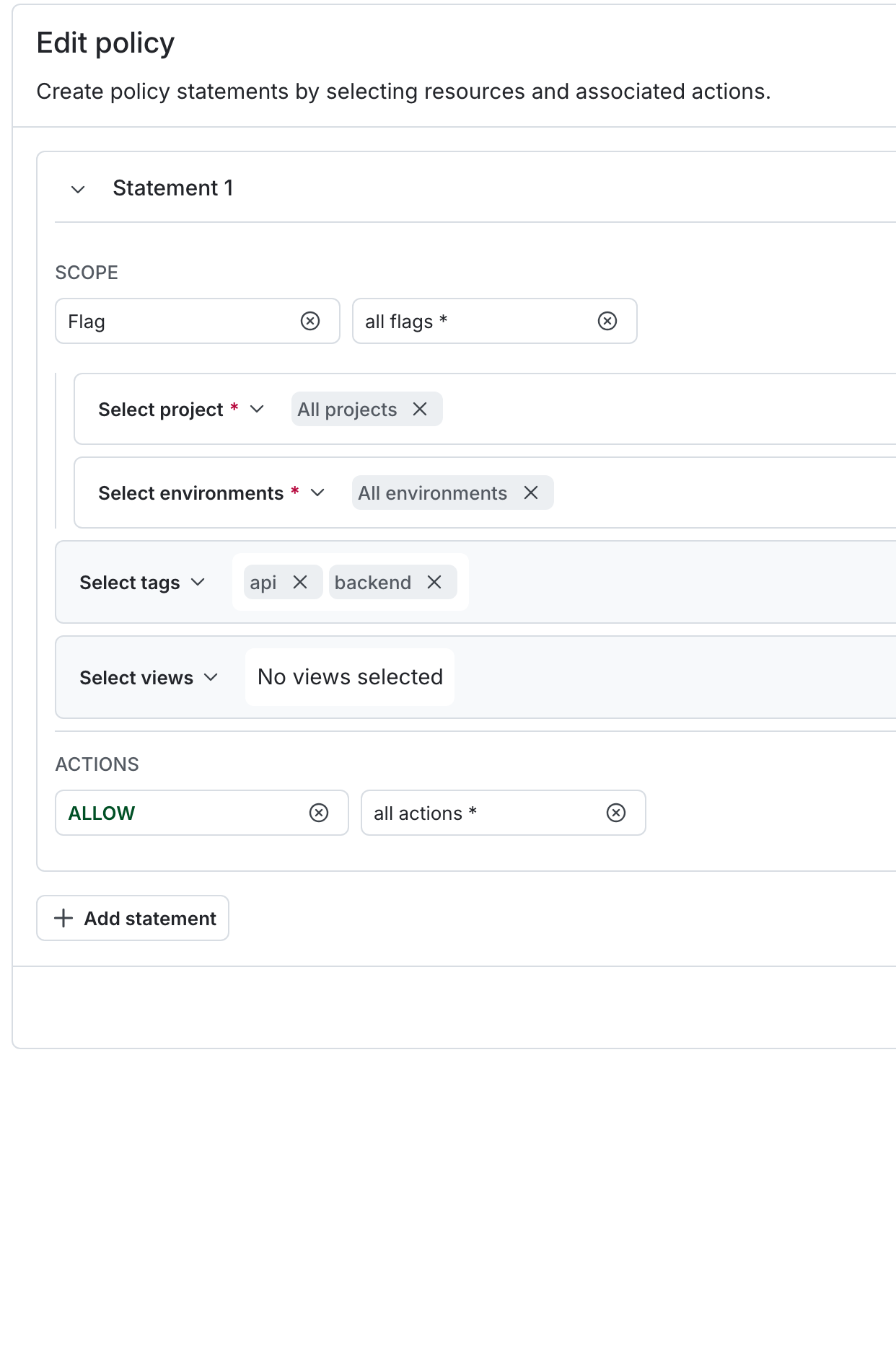 A policy allowing all actions to flags except those tagged "tag1" or "tag2."
