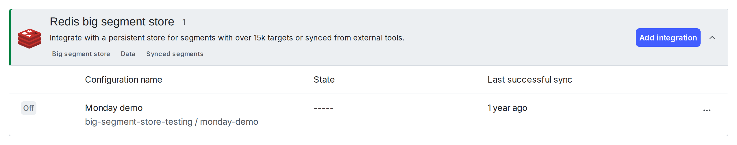The configuration for a Redis persistent store integration.