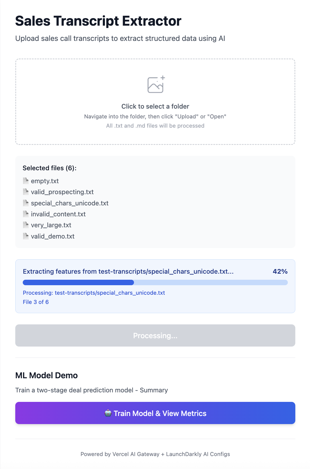 Extraction progress dashboard showing transcript processing status