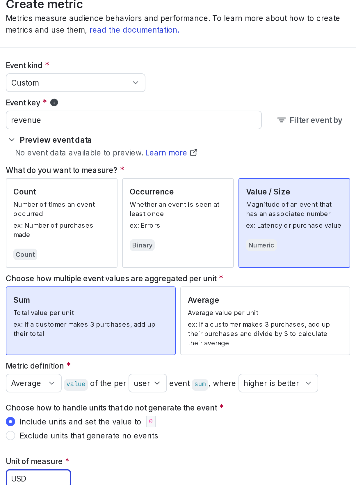 The metric creation dialog.
