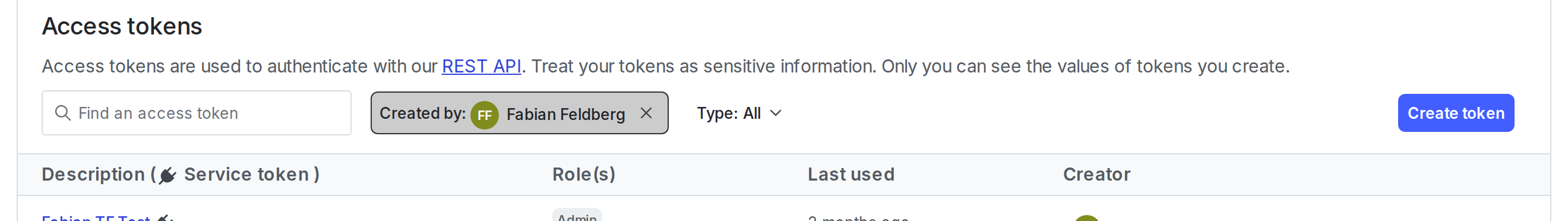 The Access tokens section of the Authorization tab.