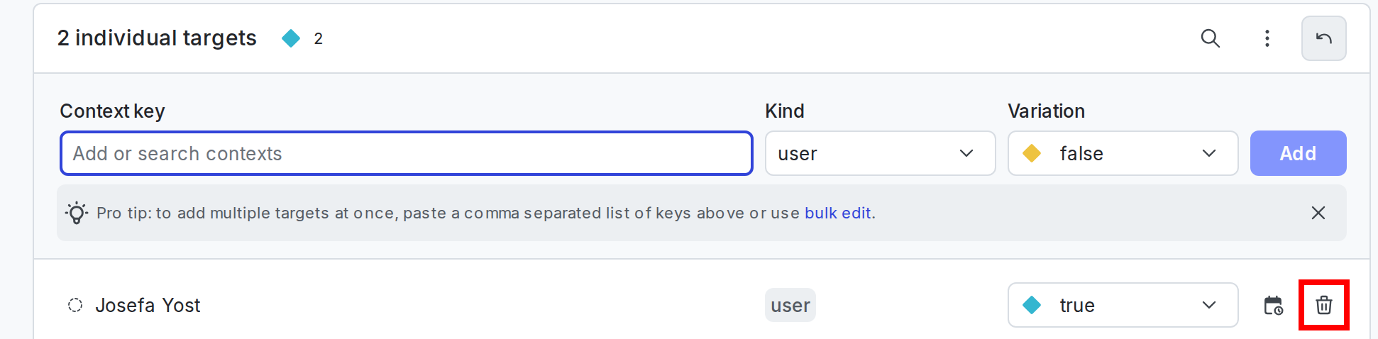 An individually targeted user context with the trash icon called out.