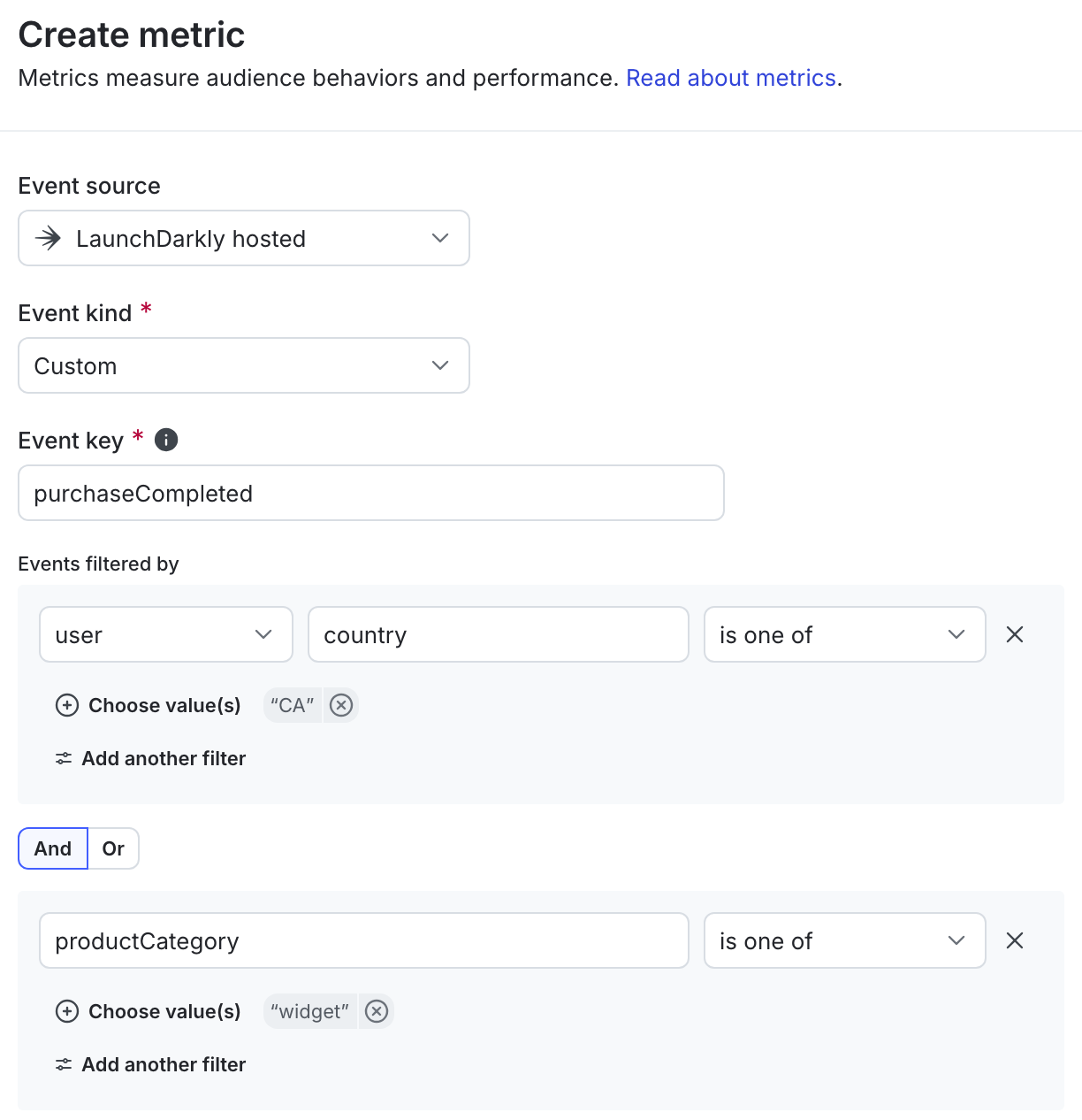 A metric definition that includes only events from contexts of kind user where the country is CA and the productCategory event property equals widget.