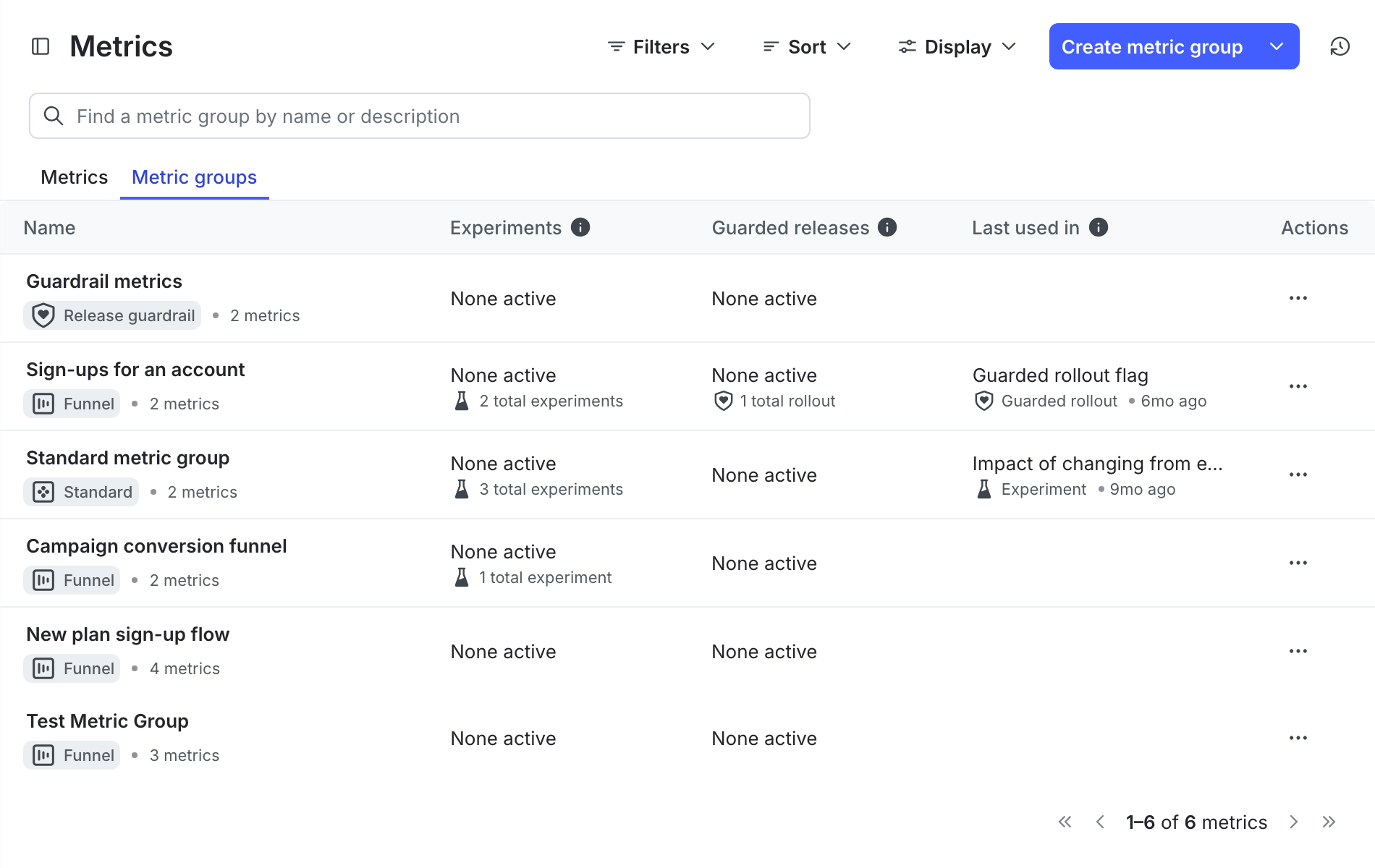 The Metric groups list.