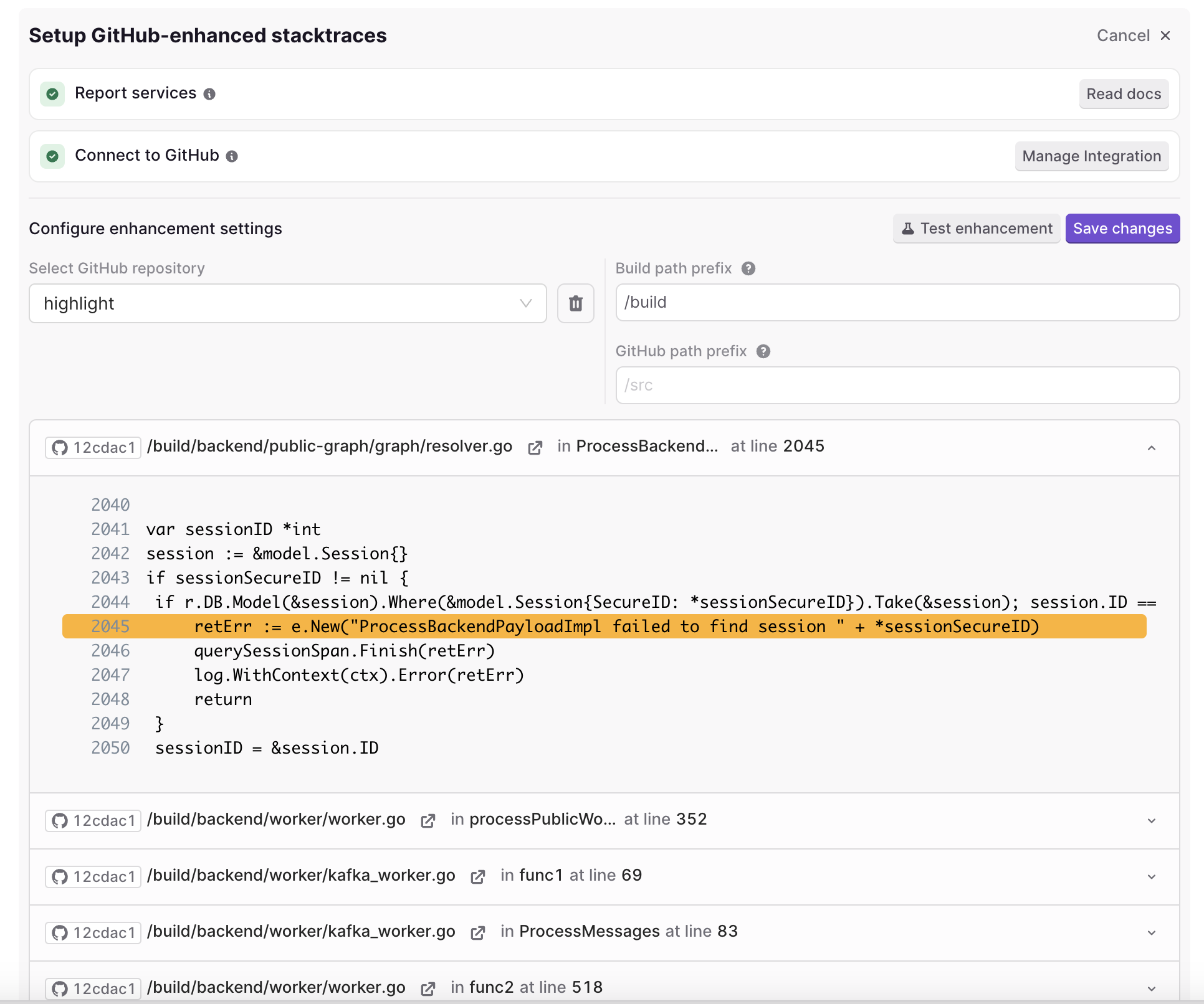 GitHub enhancement configuration form for mapping stack trace file paths to repository paths