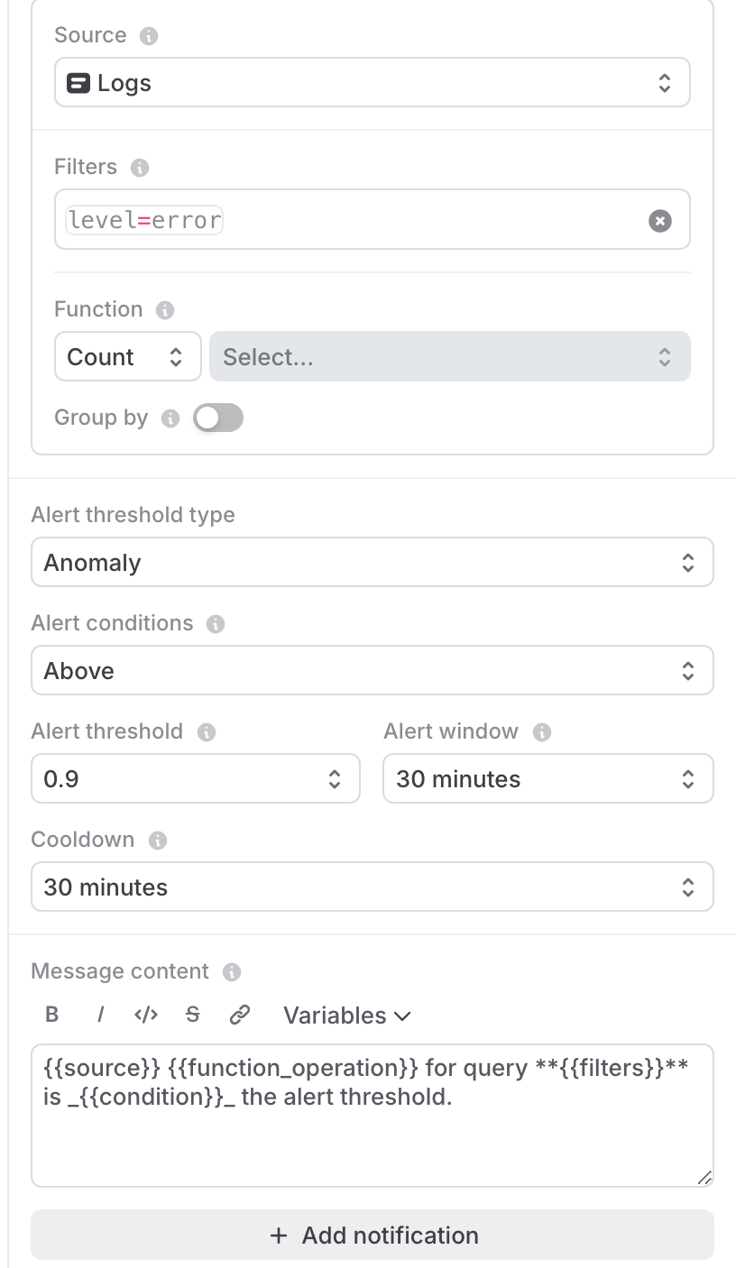 The configuration panel for an alert.