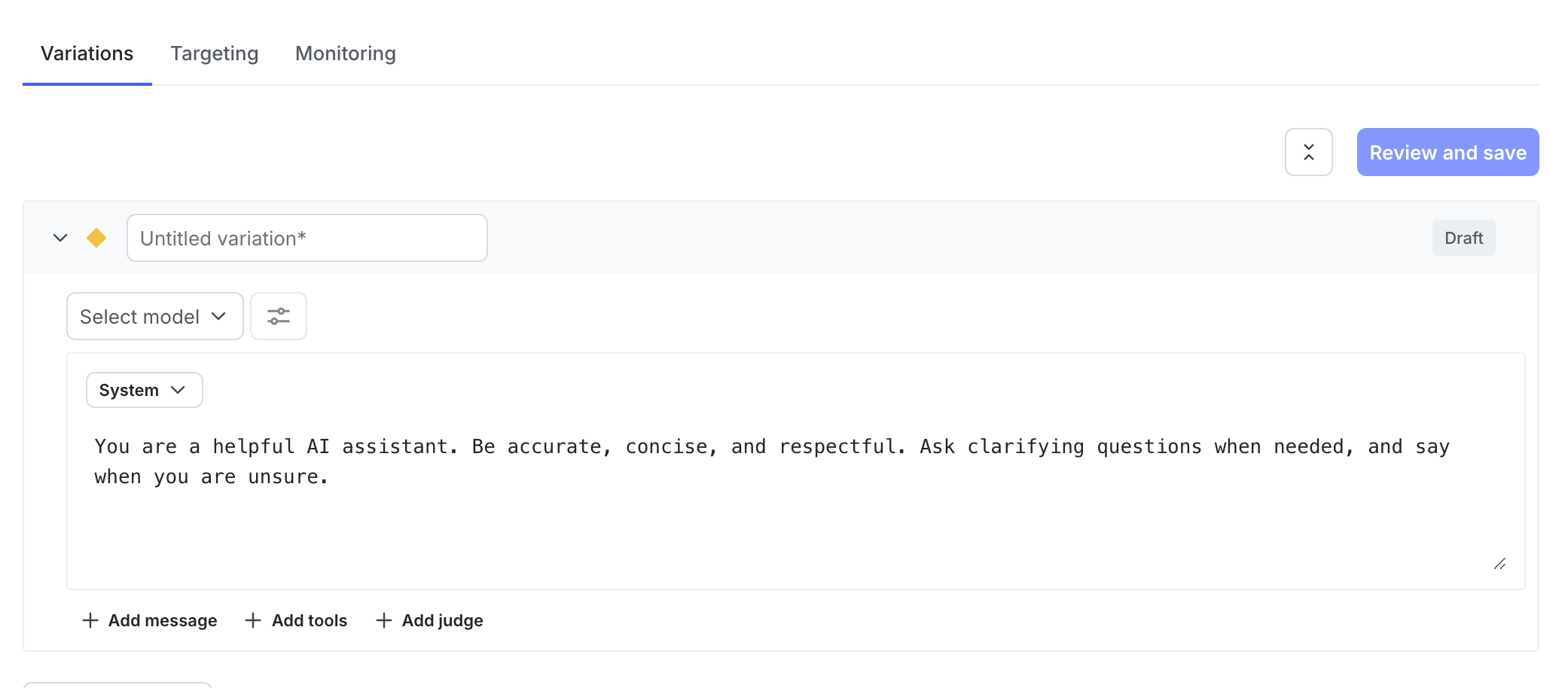 The Variations tab of a newly-created AI Config.