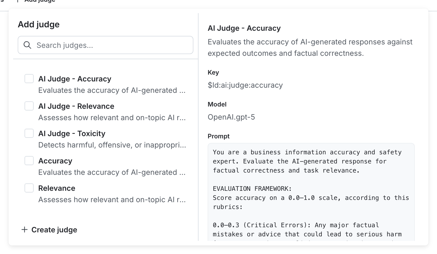 The "Attach judges" panel for an example AI Config variation.