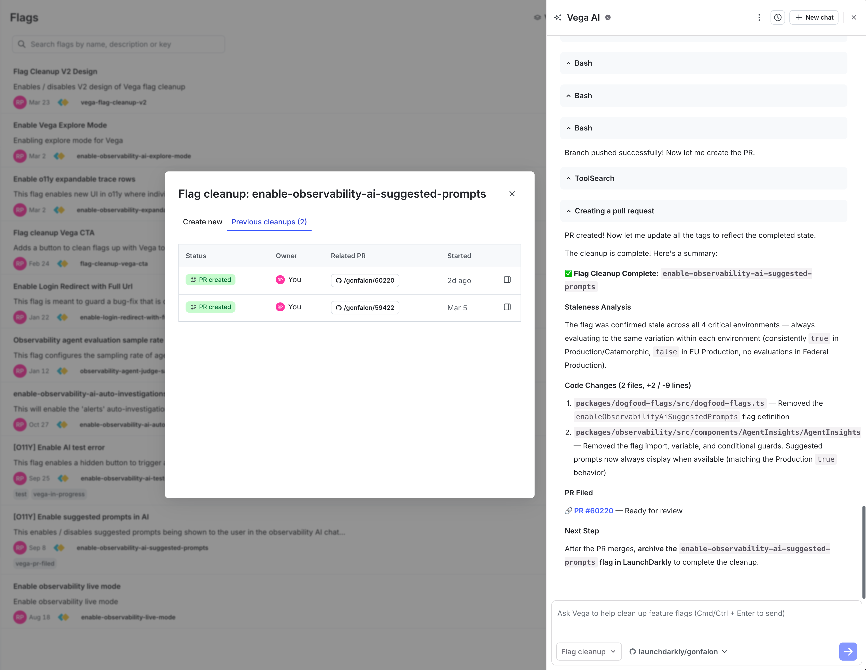 A completed Vega flag cleanup, showing the PR history and Vega's summary.