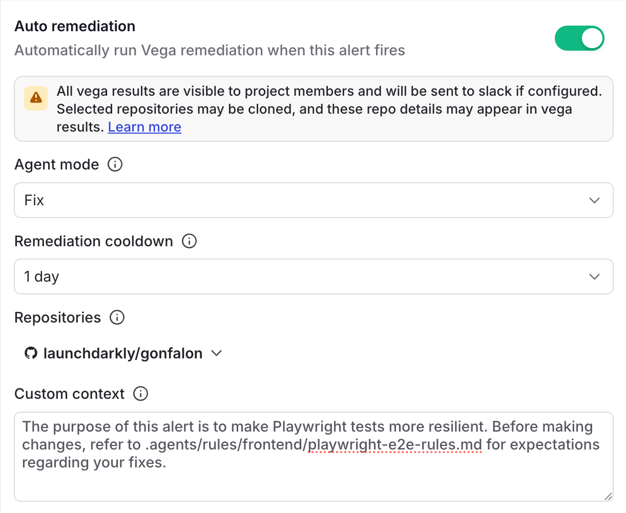 An example of an alert configured with Vega auto-remediation, including agent mode, remediation cooldown, and repository settings.