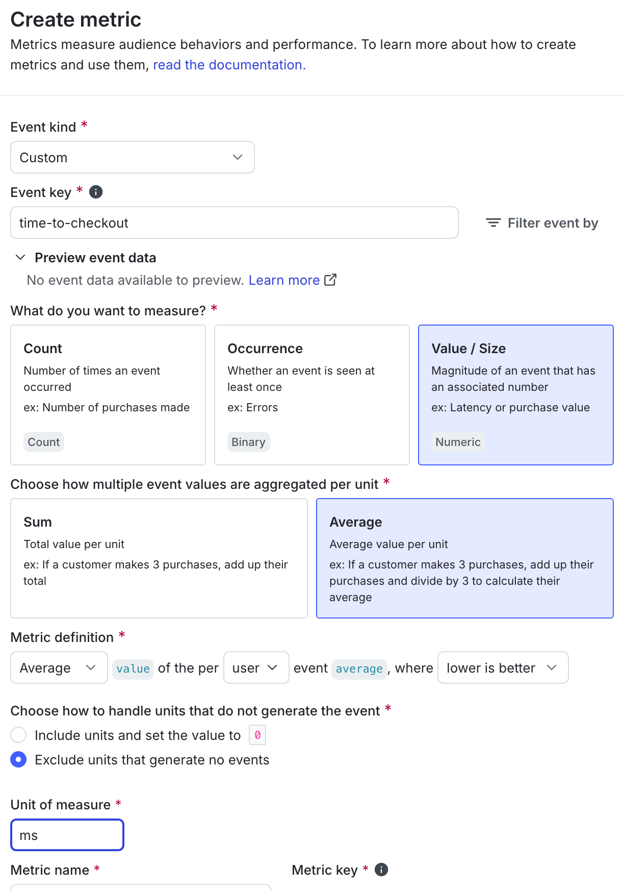 The "Metric definition" section for a custom numeric metric.