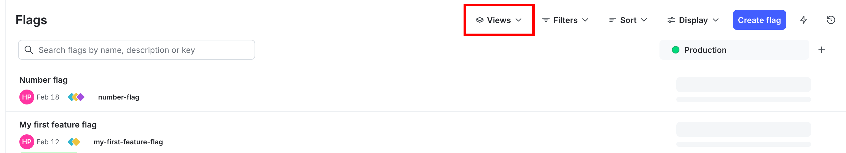 The "Flags" list with the "View" menu called out.