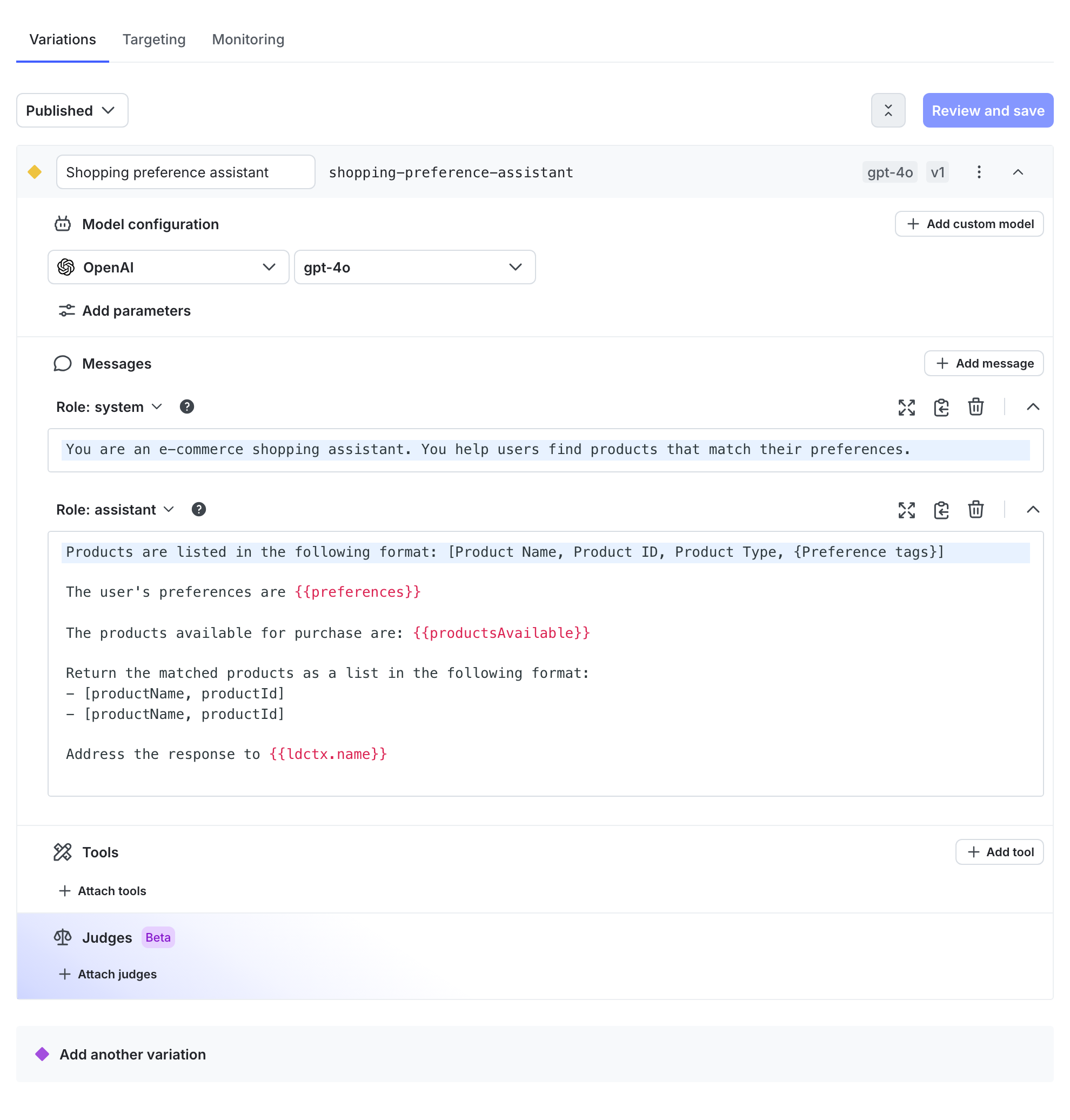 The completed variation for your AI Config.