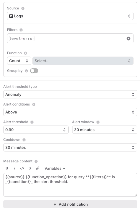 The configuration panel for an alert.