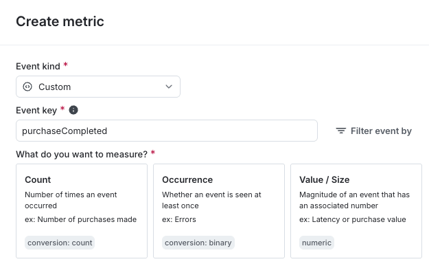 The Create metric panel, with Custom event kind selected and event key entered.