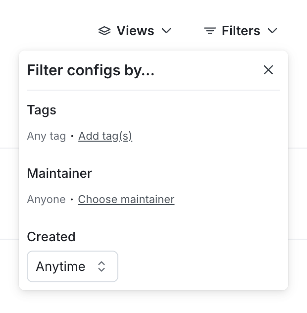 The filter menu for project-wide config attributes.