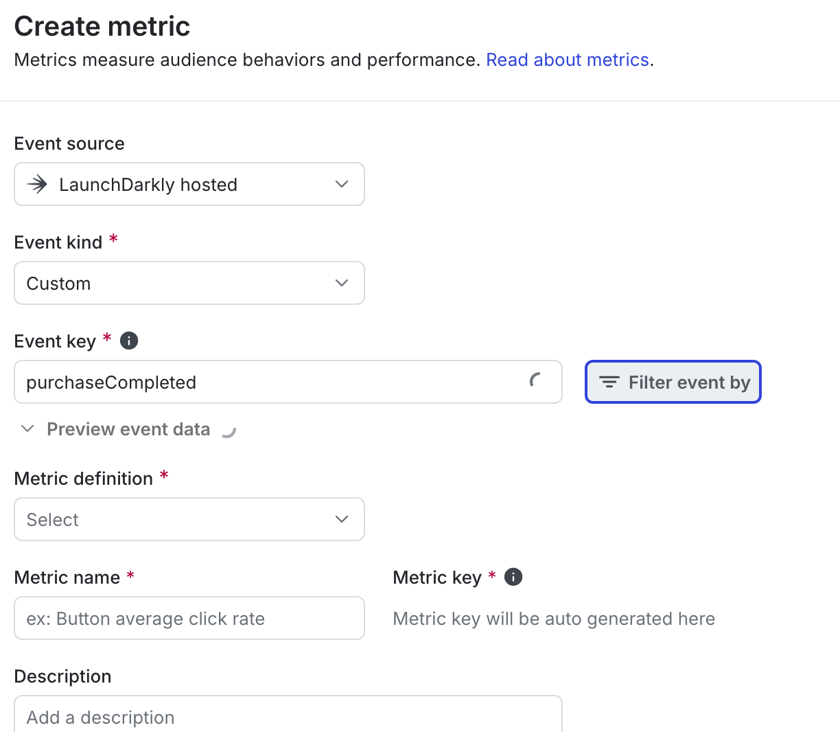 The Create metric panel, with Custom event kind selected and event key entered.