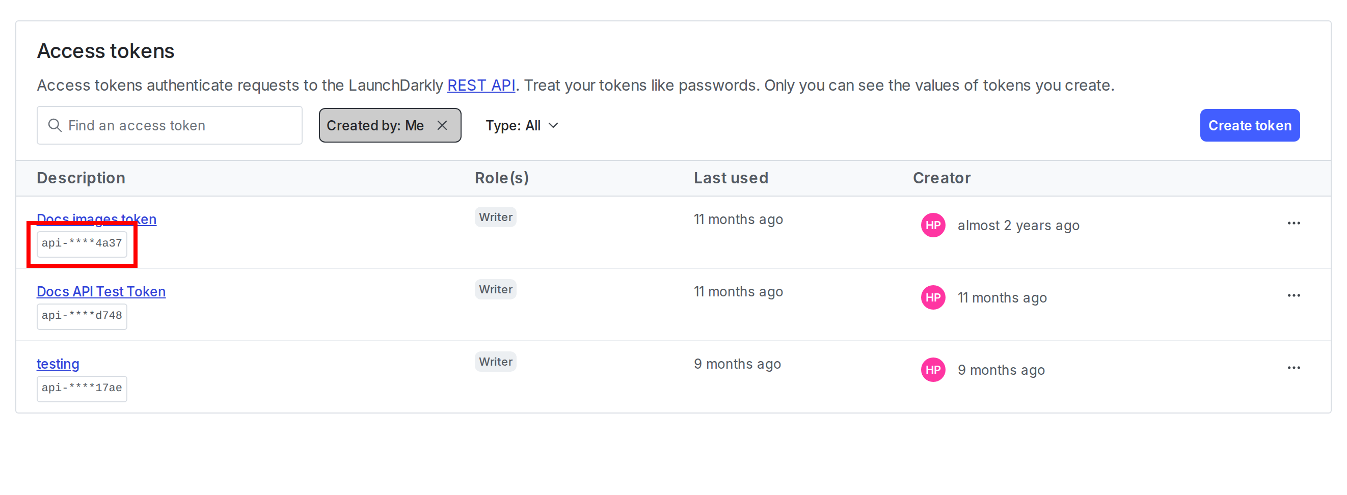 The Access tokens list with an obscured access token called out.