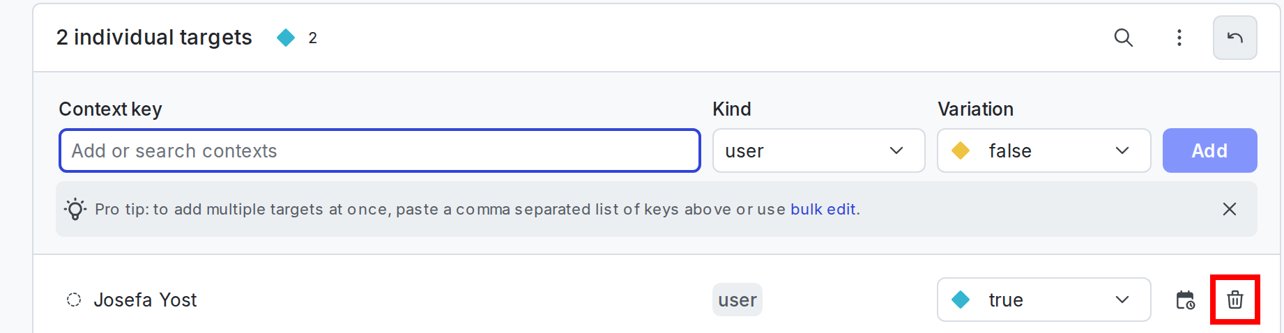 An individually targeted user context with the trash icon called out.