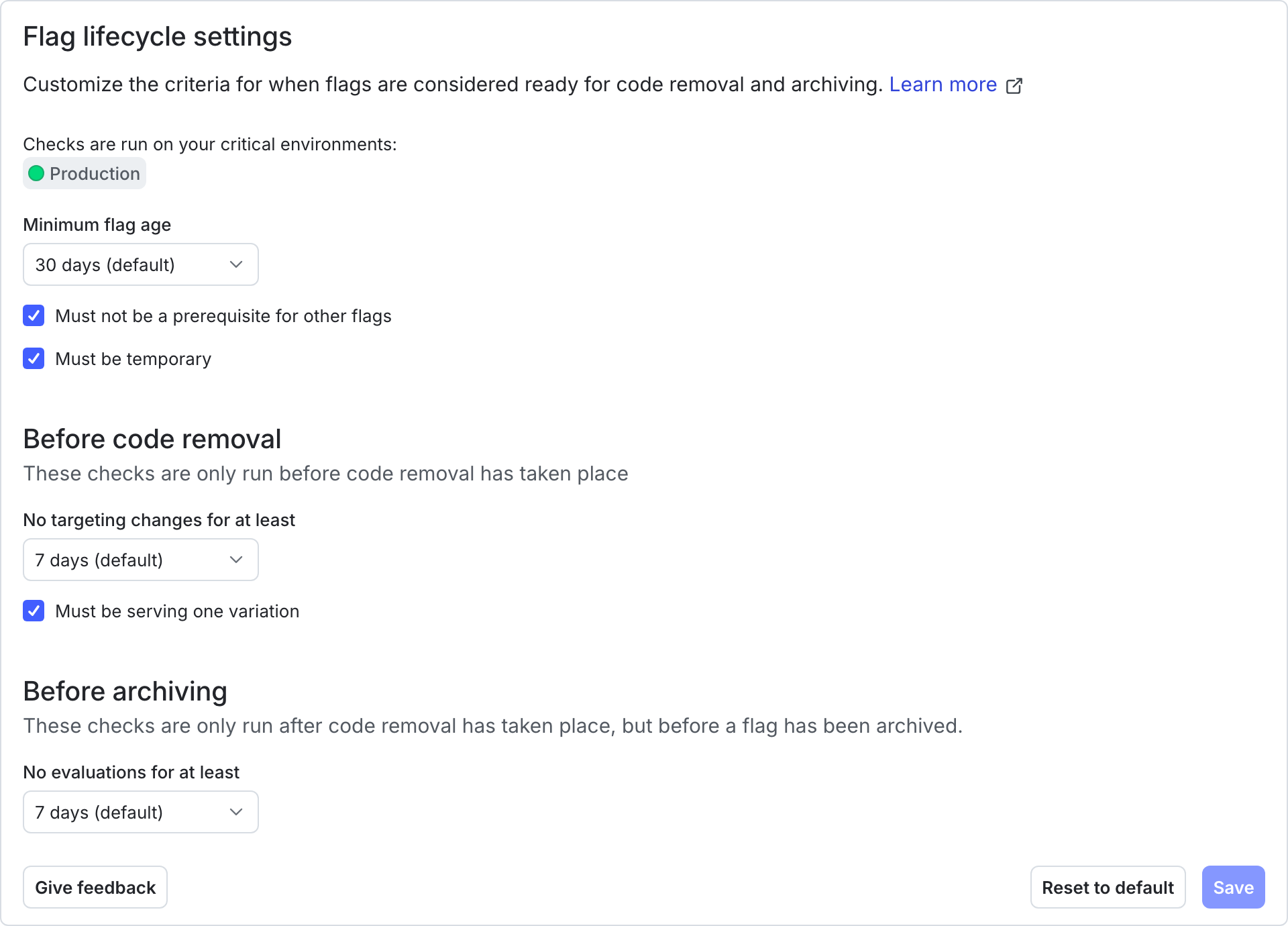 The flag lifecycle settings panel.