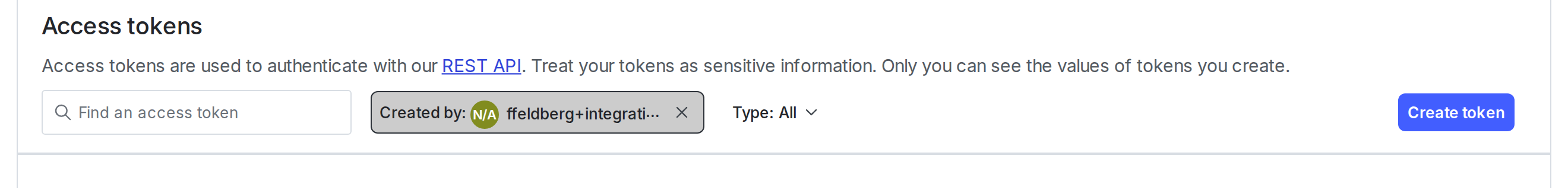 The Access tokens section of the Authorization tab.