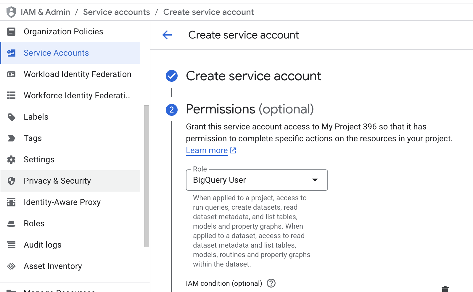 The service account permissions section in Google Cloud.