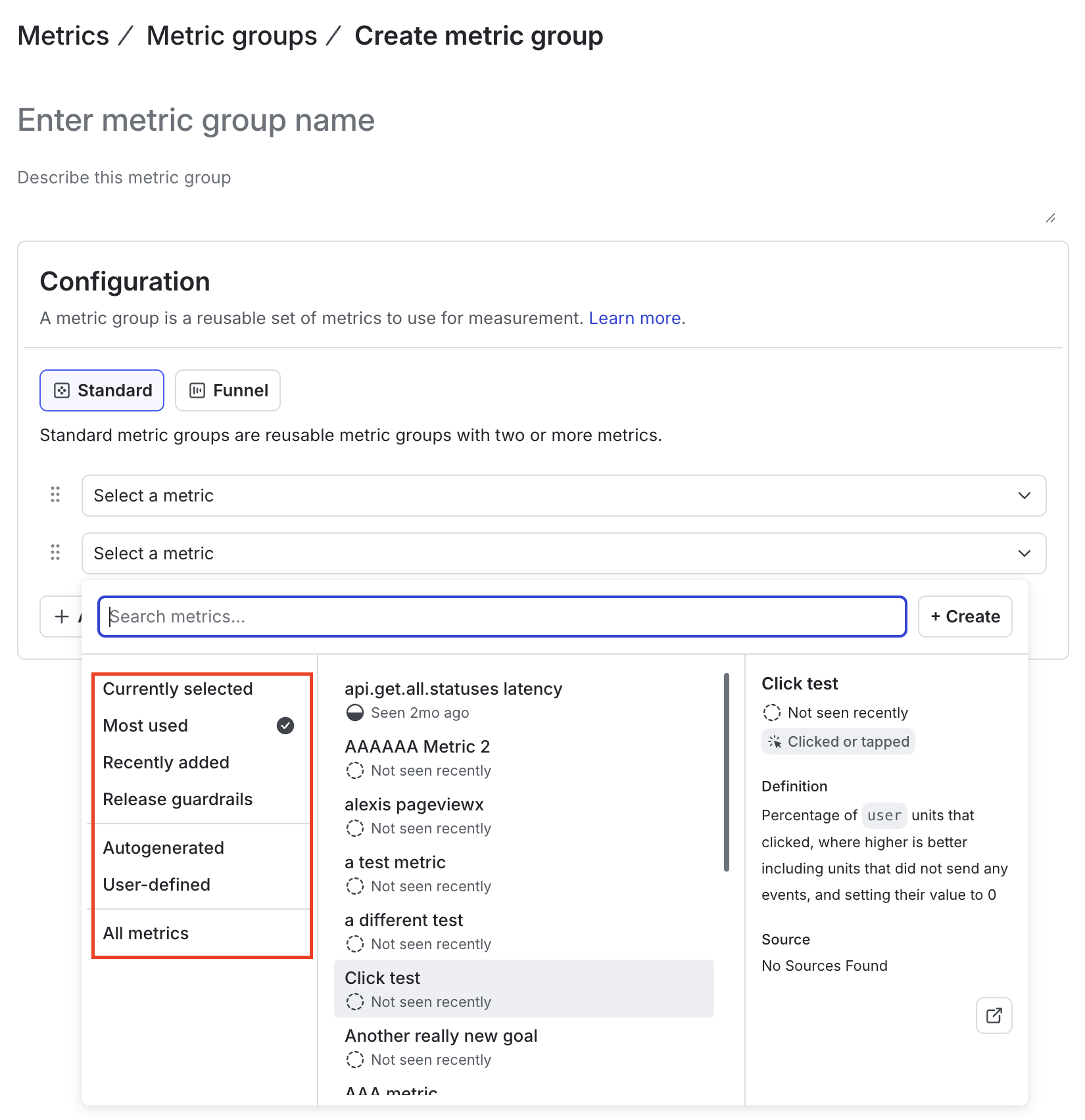 Most used project metrics displayed after clicking "Select a metric" on the Create metric group page.