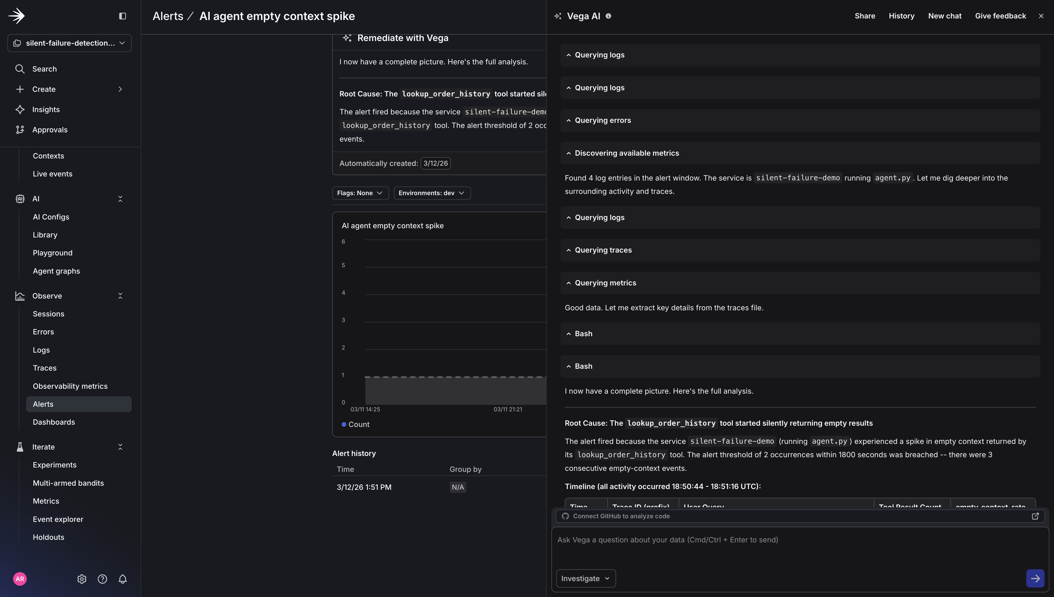 Vega's correlation of logs, metrics, and traces in the investigation report.