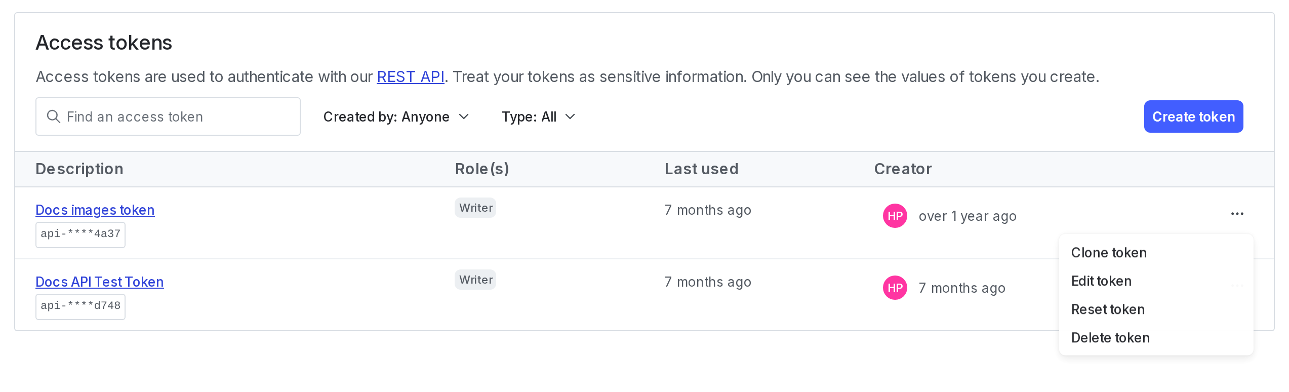 A new access token and its overflow menu, including the "Clone token" and "Delete token" options.