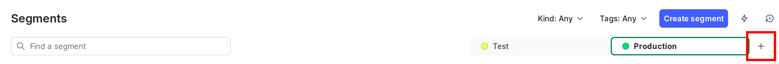 The "Segments" list with the "+" icon to add environments called out.