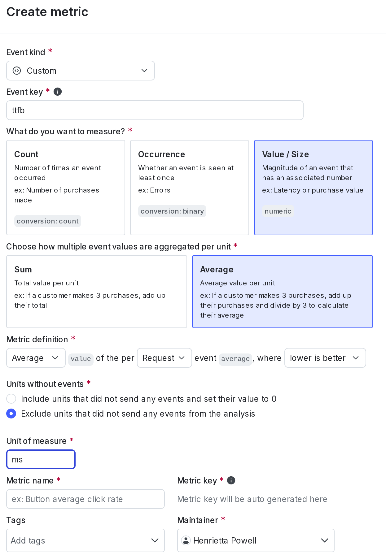 The "Create metric" dialog for a secondary custom numeric metric.