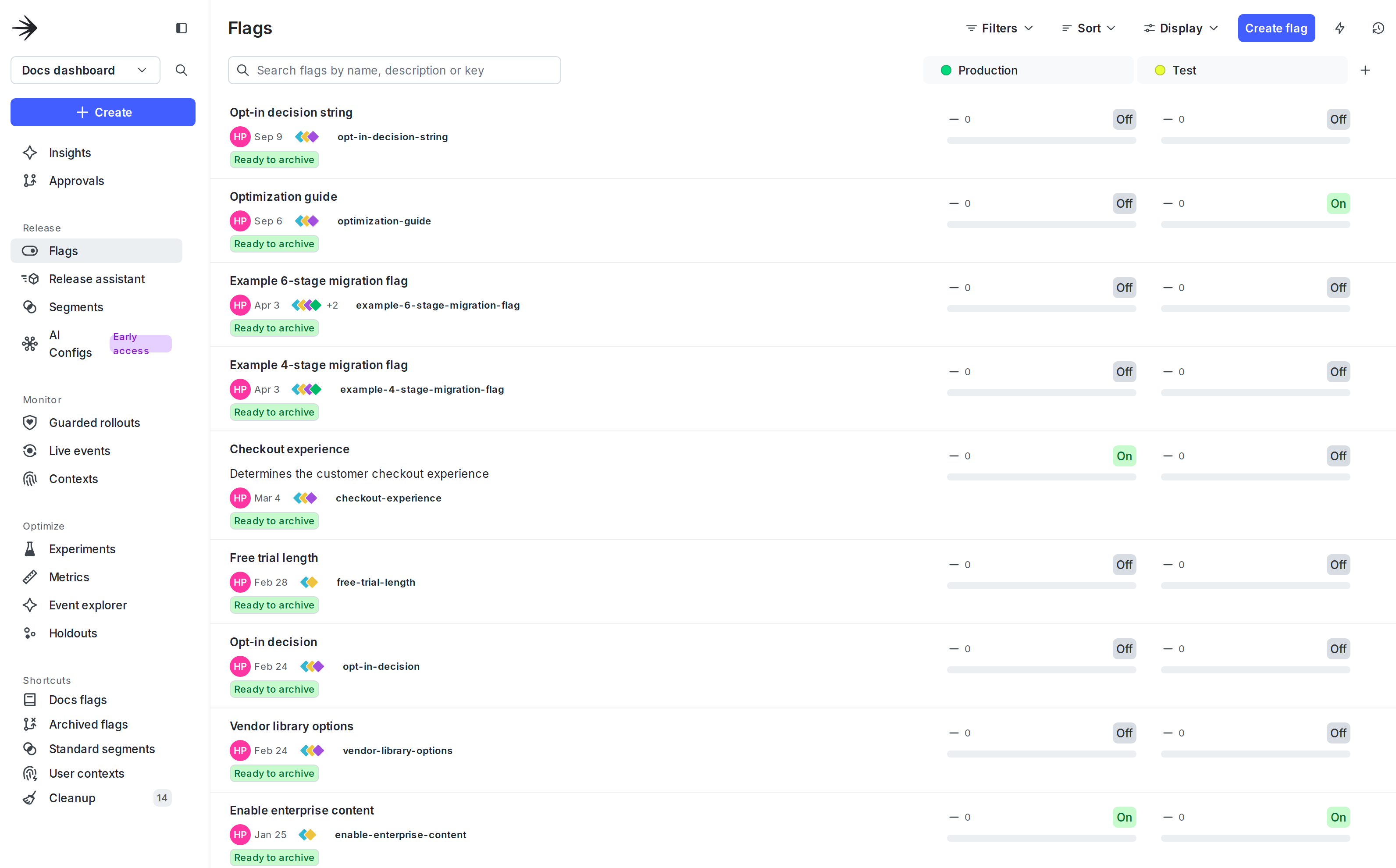 The Flags list in LaunchDarkly.