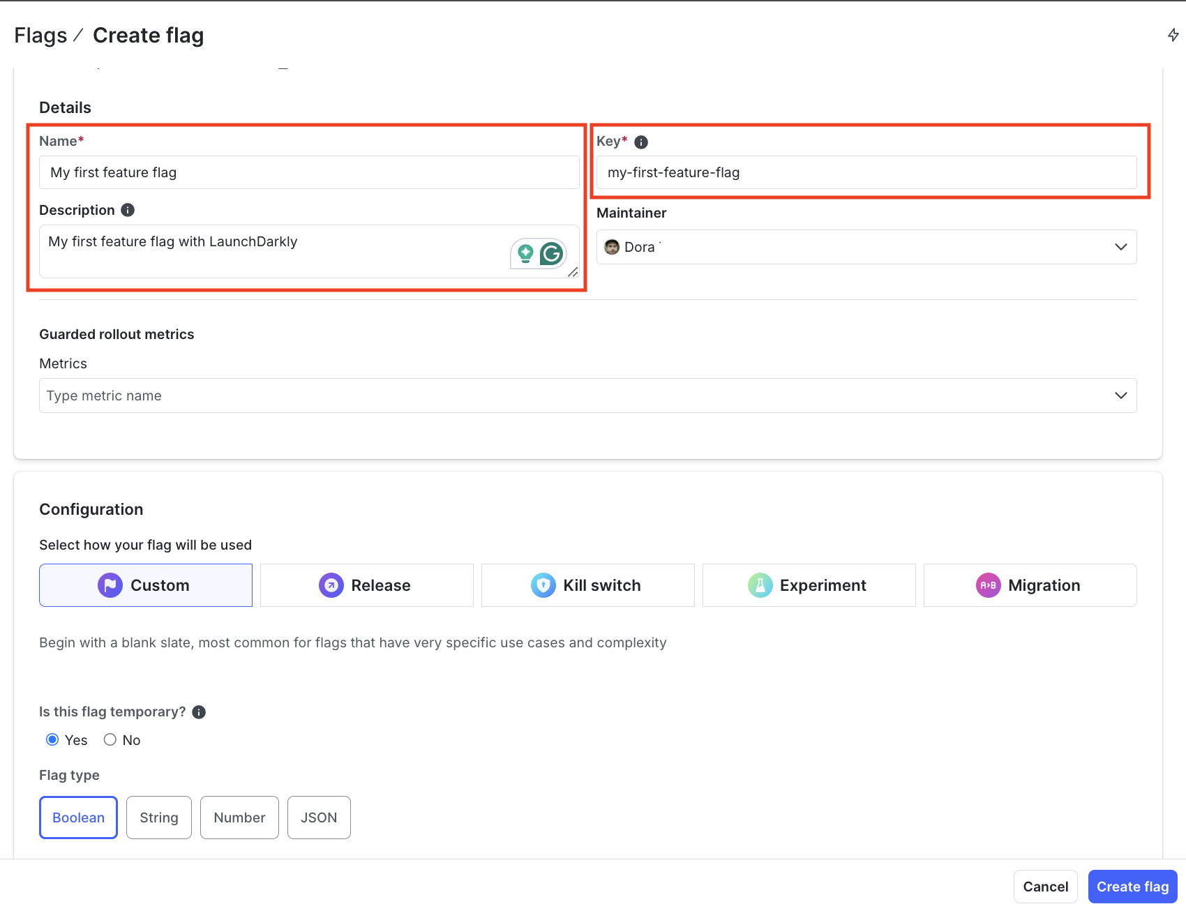 The "Create flag" dialog in the LaunchDarkly UI with relevant fields highlighted.