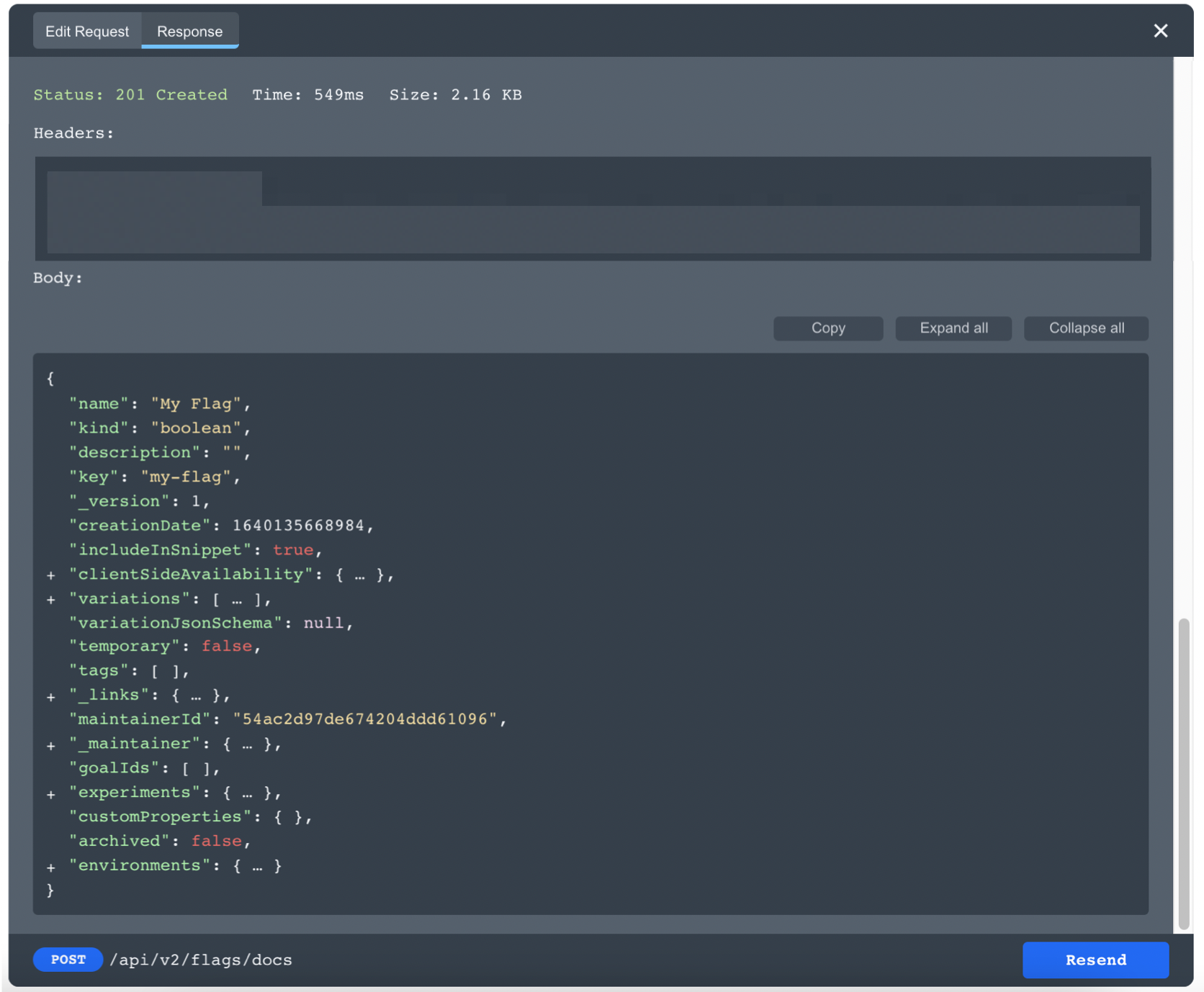 The 201 success code and JSON object response for a POST request placed from the LaunchDarkly API documentation.