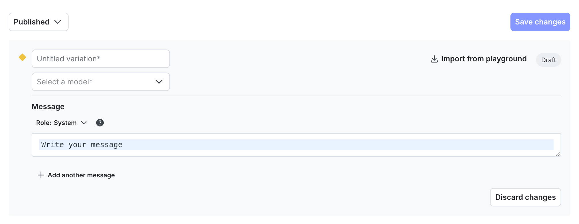 The Variations tab of a newly-created AI Config.