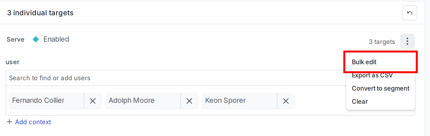 The "Individual targets" section with the "Bulk edit" option called out for user contexts.