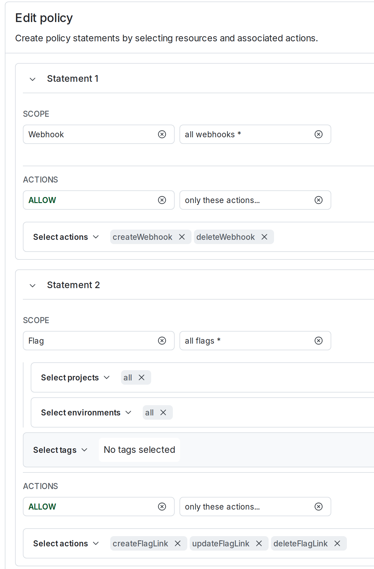 An access token's custom role configured to grant access to webhooks and flag links.