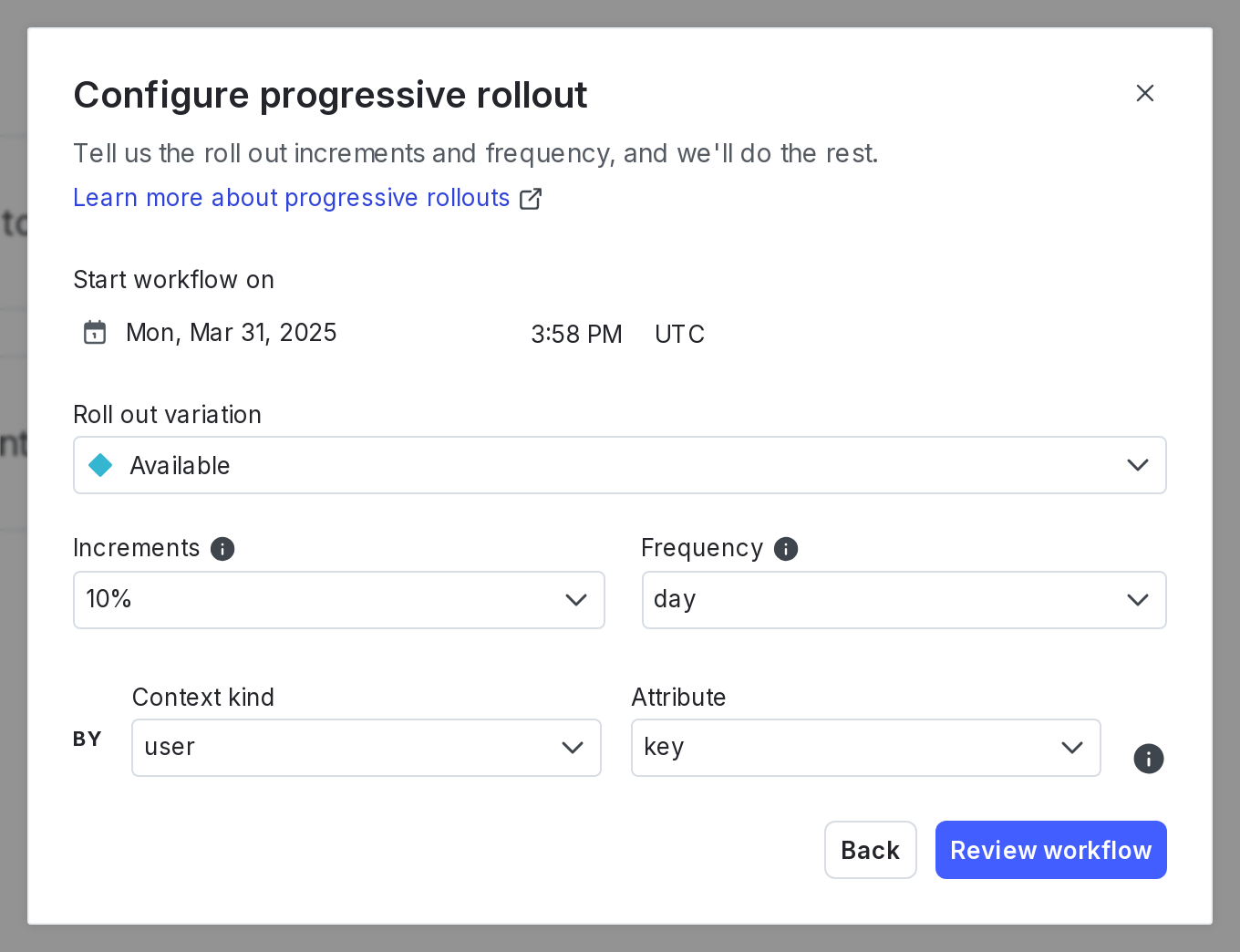 The "Configure progressive rollout" workflow dialog.