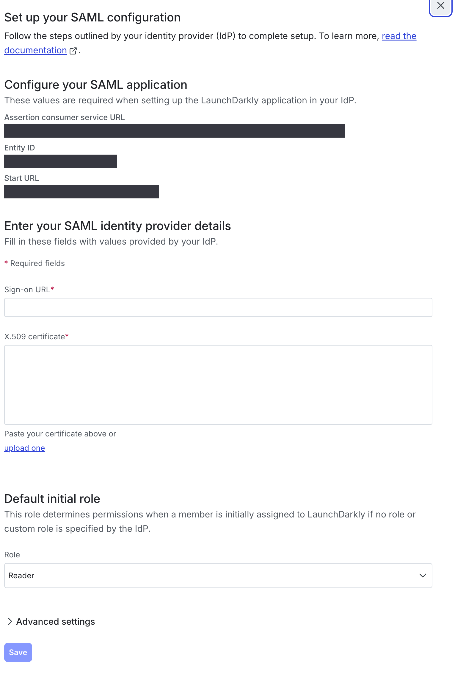 LaunchDarkly's SAML Configuration panel.