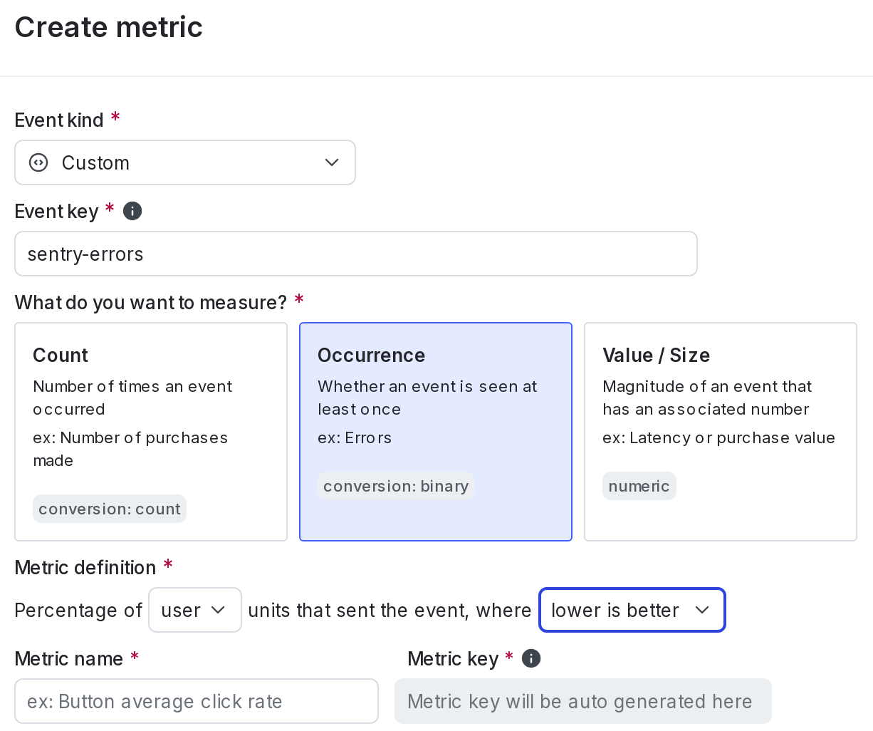 The metric creation dialog.