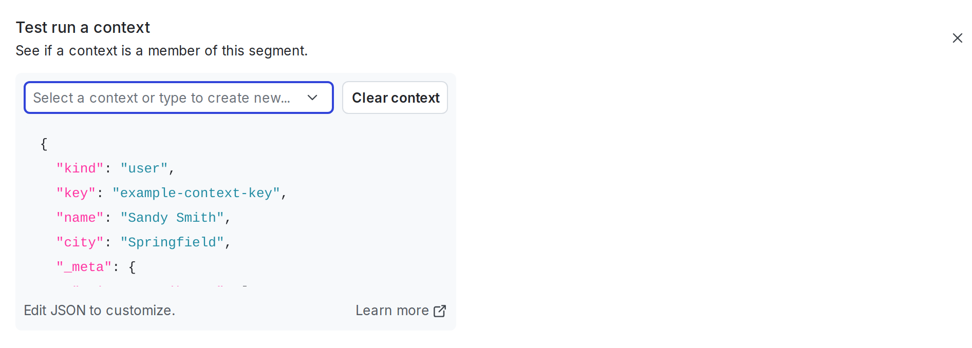 The "Test run a context" section, populated with an example context kind and key.