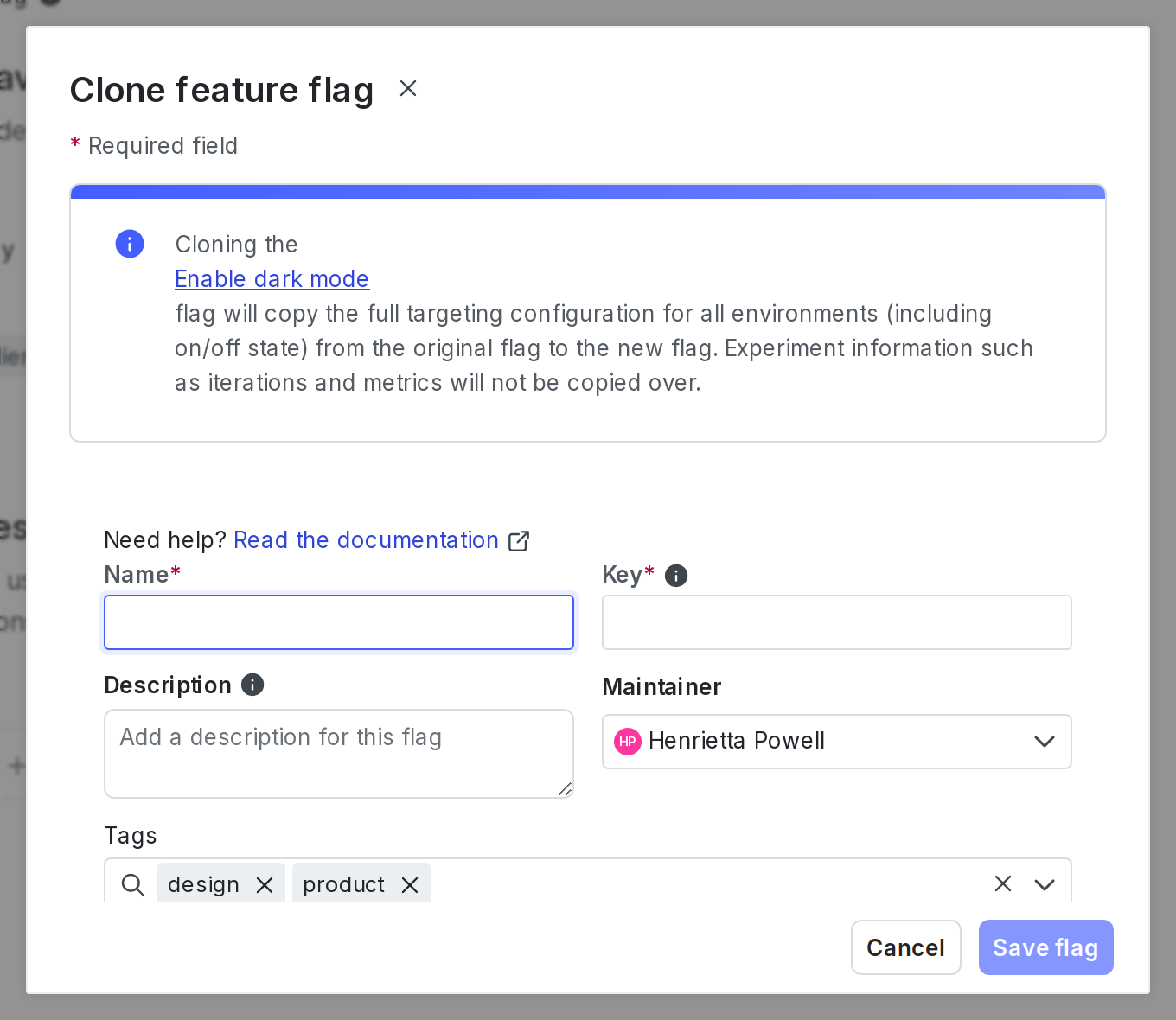 The "Clone feature flag" dialog.