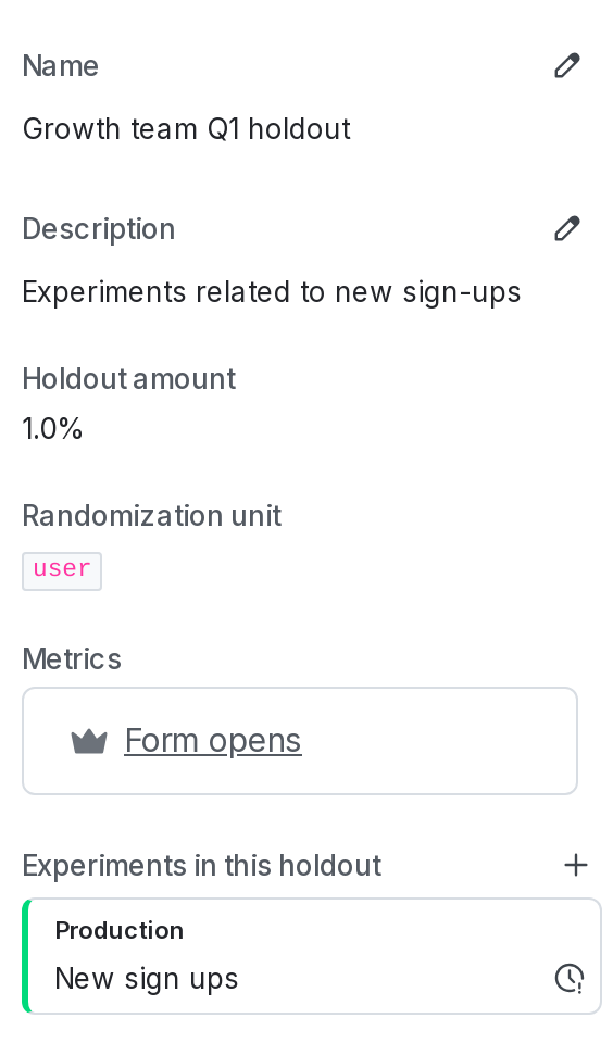 The details page for a holdout with no experiments added yet.